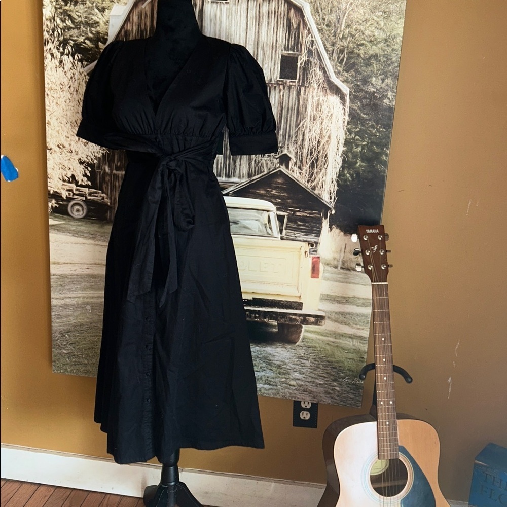 Love whit Classic Black Midi Dress with Tie Waist and Puff Sleeves - Picture 4 of 5